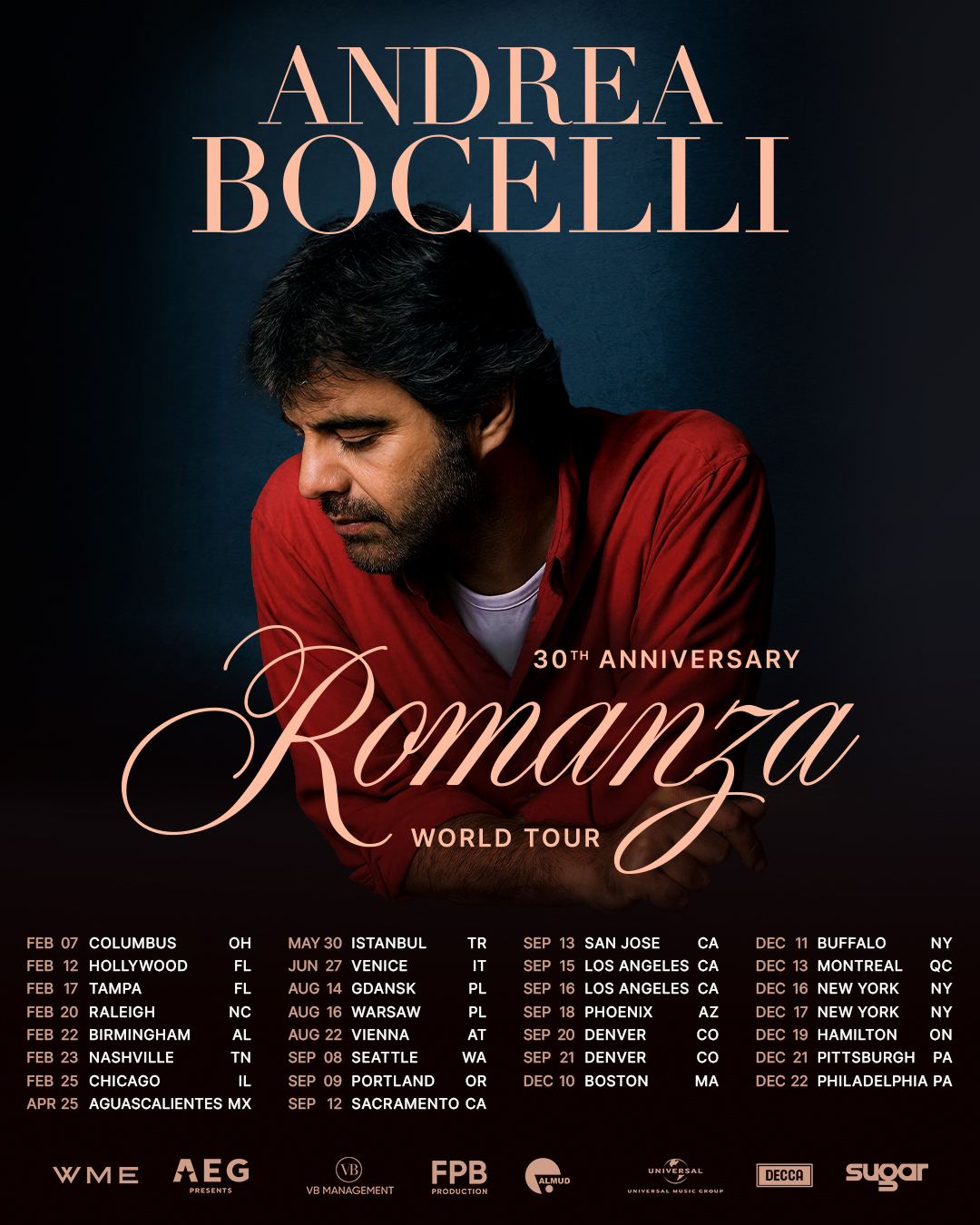 Andrea Bocelli Romanza 30th Anniversary World Tour Poster 2026